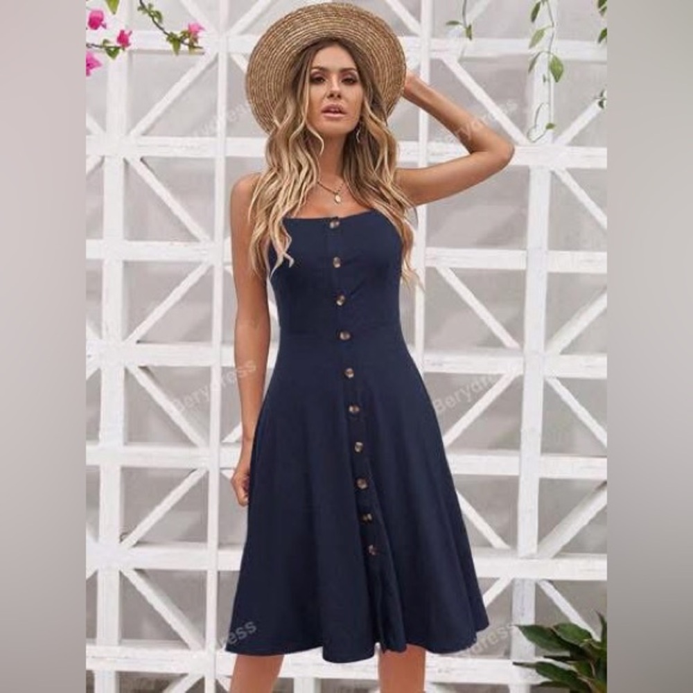Strapless Navy Dress with Button Detail